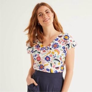 Boden Womens Alexandra Linen Floral Print V Neck Short Sleeve Top Size 4